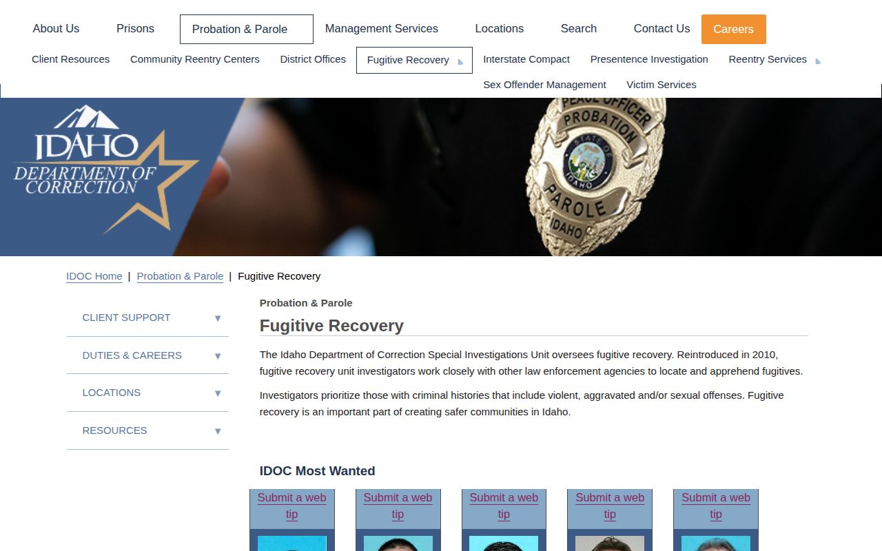 Bingham County parole warrant and fugitive recovery check
